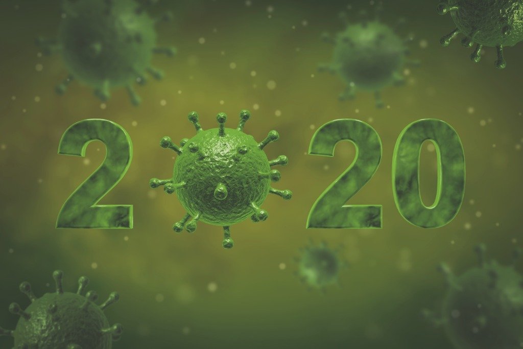 A new decade, a new challenge: green virus spores surround an image of 2020